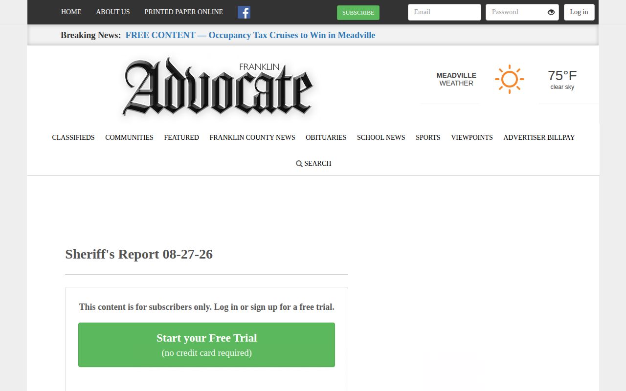 Franklin County weekly sheriff report page for arrest-record news coverage