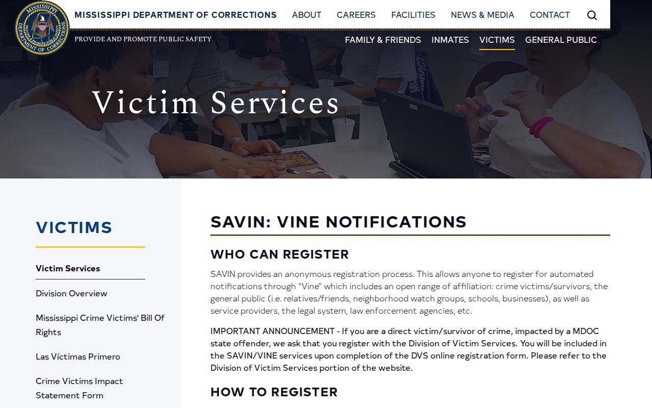 Mississippi SAVIN VINE notification page for Franklin County custody-status records